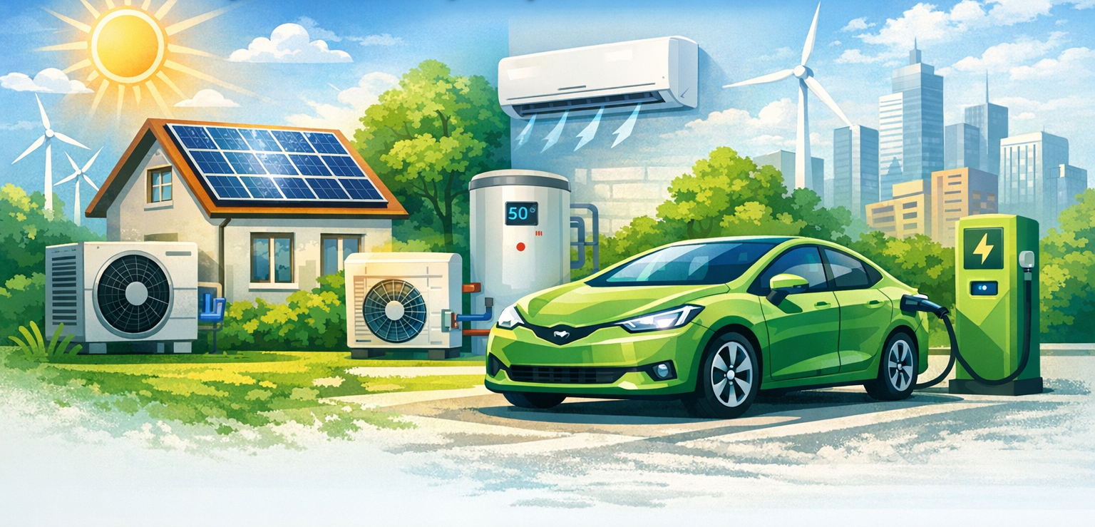 Instalaciones de fotovoltaica, sustitución de climatización y ACS por aerotermia y compra vehículo eléctrico